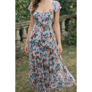 Kimchi Blue Floral Tie Back Crinkle Maxi Dress SZ XS Flowy Cottagecore Romantic